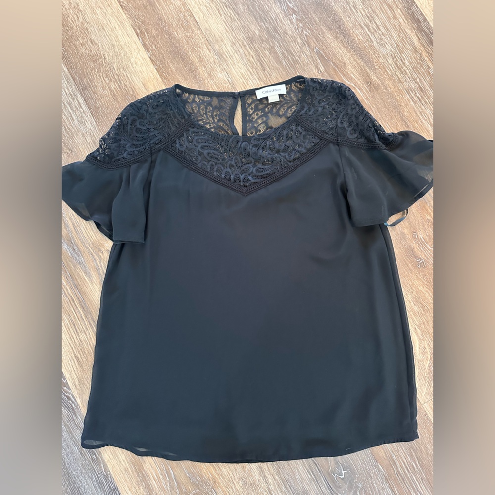 Calvin Klein Black Lace Flowy Top with flutter sleeves
